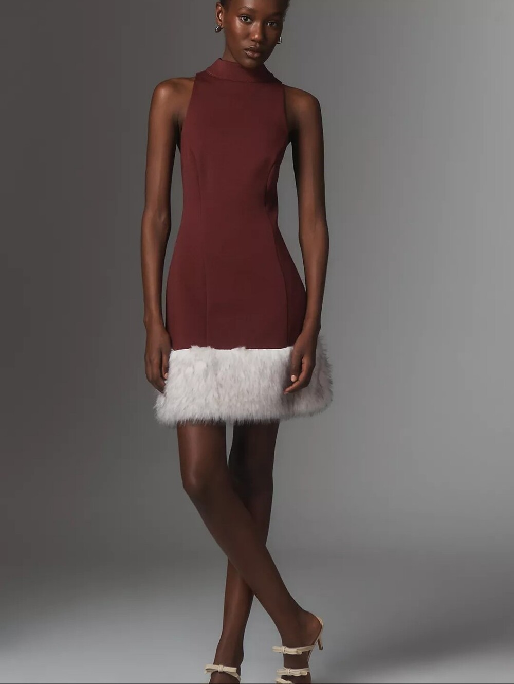 Sleeveless Faux-Fur Hem Bodycon Dress in Burgundy
